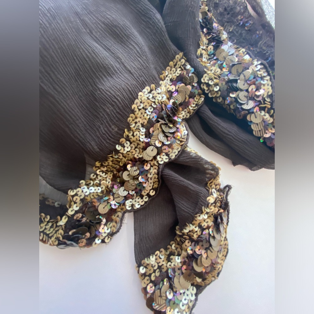 Oscar de la Renta 100% silk shawl, scarf wrap, beaded, made in India dark brown - Picture 7 of 16